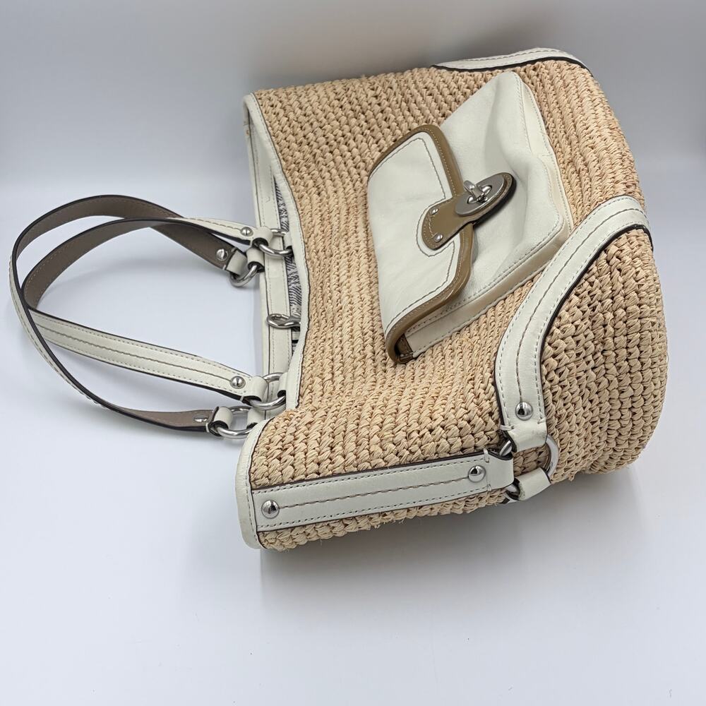 Coach Legacy Woven Raffia Straw Tote White Leather Trim Shoulder Bag Large - Picture 4 of 11